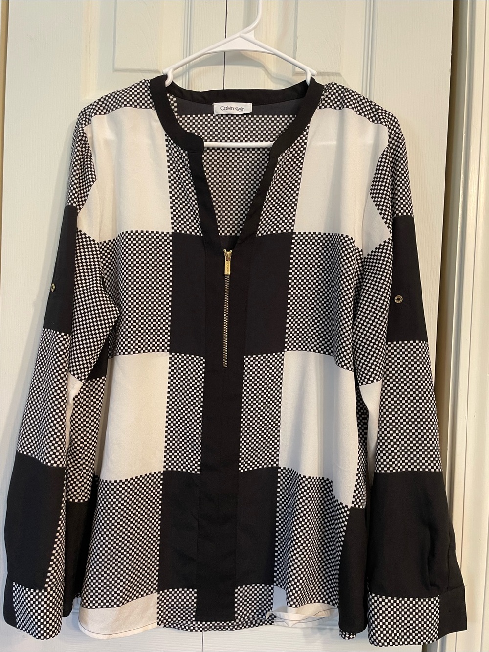 Calvin Klein Black and White Checked Zip Front Blouse